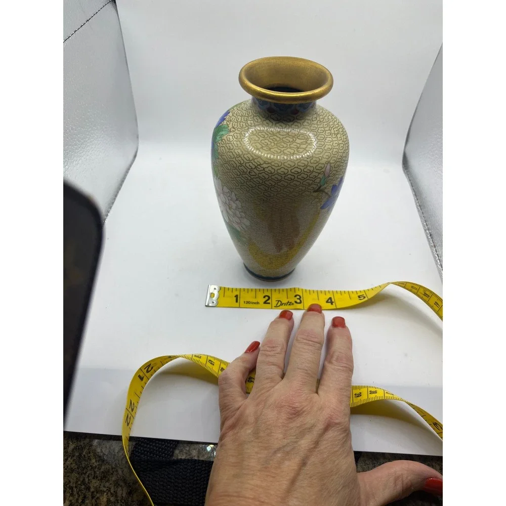 Vintage Cloisonne Vase‎ Floral Bird Design Gold Rimmed Accent Decor